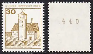 BERLIN 1977 Michel-Nummer 534 postfrisch EINZELMARKE m/ rücks.Rollennummer 440 - Burgen und Schlösser: Burg Ludwigstein, Werratal