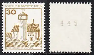 BERLIN 1977 Michel-Nummer 534 postfrisch EINZELMARKE m/ rücks.Rollennummer 445 - Burgen und Schlösser: Burg Ludwigstein, Werratal
