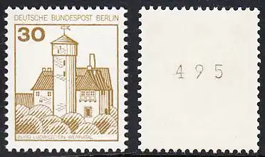 BERLIN 1977 Michel-Nummer 534 postfrisch EINZELMARKE m/ rücks.Rollennummer 495 - Burgen und Schlösser: Burg Ludwigstein, Werratal