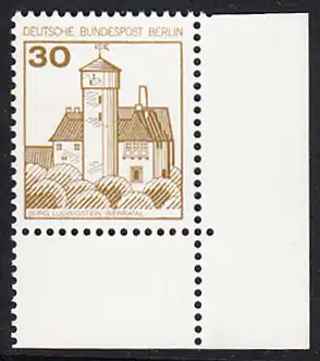 BERLIN 1977 Michel-Nummer 534 postfrisch EINZELMARKE ECKRAND unten rechts - Burgen und Schlösser: Burg Ludwigstein, Werratal