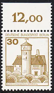 BERLIN 1977 Michel-Nummer 534 postfrisch EINZELMARKE RAND oben - Burgen und Schlösser: Burg Ludwigstein, Werratal