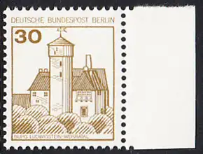 BERLIN 1977 Michel-Nummer 534 postfrisch EINZELMARKE RAND rechts - Burgen und Schlösser: Burg Ludwigstein, Werratal