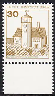 BERLIN 1977 Michel-Nummer 534 postfrisch EINZELMARKE RAND unten - Burgen und Schlösser: Burg Ludwigstein, Werratal