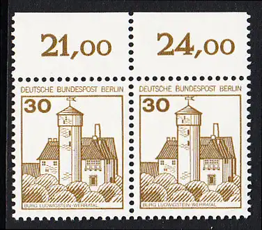 BERLIN 1977 Michel-Nummer 534 postfrisch horiz.PAAR RAND oben - Burgen und Schlösser: Burg Ludwigstein, Werratal