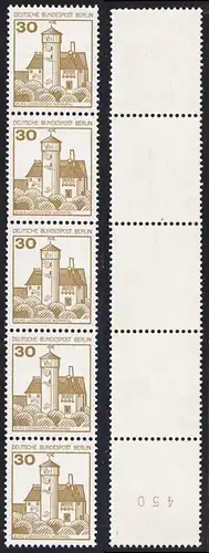 BERLIN 1977 Michel-Nummer 534 postfrisch vert.STRIP(5) m/ rücks.Rollennummer 450 - Burgen und Schlösser: Burg Ludwigstein, Werratal