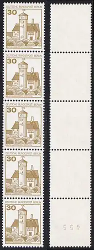 BERLIN 1977 Michel-Nummer 534 postfrisch vert.STRIP(5) m/ rücks.Rollennummer 455 - Burgen und Schlösser: Burg Ludwigstein, Werratal