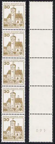 BERLIN 1977 Michel-Nummer 534 postfrisch vert.STRIP(5) m/ rücks.Rollennummer 460 - Burgen und Schlösser: Burg Ludwigstein, Werratal