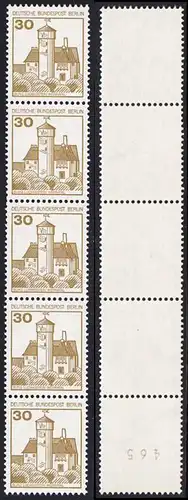 BERLIN 1977 Michel-Nummer 534 postfrisch vert.STRIP(5) m/ rücks.Rollennummer 465 - Burgen und Schlösser: Burg Ludwigstein, Werratal