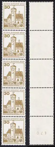 BERLIN 1977 Michel-Nummer 534 postfrisch vert.STRIP(5) m/ rücks.Rollennummer 470 - Burgen und Schlösser: Burg Ludwigstein, Werratal