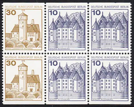 BERLIN 1977 Michel-Nummer 534C_532C (W65/W66) postfrisch horiz.BLOCK(6) - Burgen und Schlösser: Burg Ludwigstein, Werratal / Schloss Glücksburg