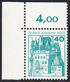 BERLIN 1977 Michel-Nummer 535 postfrisch EINZELMARKE ECKRAND oben links - Burgen und Schlösser: Burg Eltz