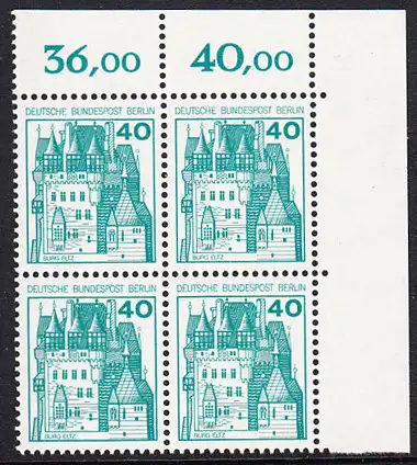 BERLIN 1977 Michel-Nummer 535 postfrisch BLOCK ECKRAND oben rechts - Burgen und Schlösser: Burg Eltz