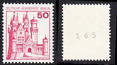 BERLIN 1977 Michel-Nummer 536 postfrisch EINZELMARKE m/ rücks.Rollennummer 165 - Burgen und Schlösser: Schloss Neuschwanstein