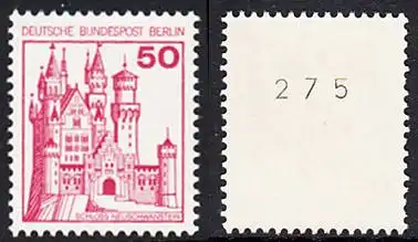 BERLIN 1977 Michel-Nummer 536 postfrisch EINZELMARKE m/ rücks.Rollennummer 275 - Burgen und Schlösser: Schloss Neuschwanstein