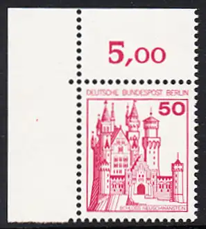 BERLIN 1977 Michel-Nummer 536 postfrisch EINZELMARKE ECKRAND oben links - Burgen und Schlösser: Schloss Neuschwanstein