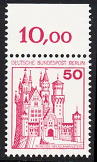 BERLIN 1977 Michel-Nummer 536 postfrisch EINZELMARKE RAND oben (a) - Burgen und Schlösser: Schloss Neuschwanstein