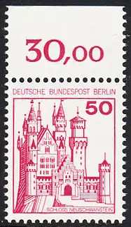 BERLIN 1977 Michel-Nummer 536 postfrisch EINZELMARKE RAND oben (e) - Burgen und Schlösser: Schloss Neuschwanstein