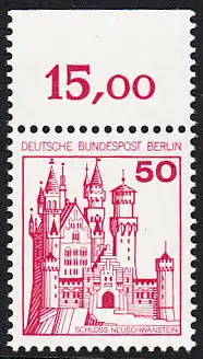 BERLIN 1977 Michel-Nummer 536 postfrisch EINZELMARKE RAND oben (b) - Burgen und Schlösser: Schloss Neuschwanstein