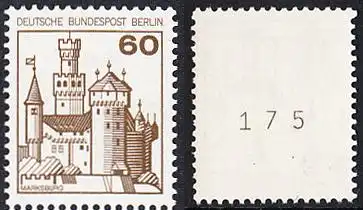 BERLIN 1977 Michel-Nummer 537 postfrisch EINZELMARKE m/ rücks.Rollennummer 175 - Burgen und Schlösser: Marksburg