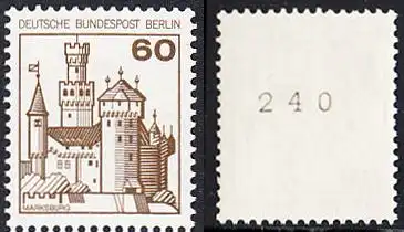 BERLIN 1977 Michel-Nummer 537 postfrisch EINZELMARKE m/ rücks.Rollennummer 240 - Burgen und Schlösser: Marksburg