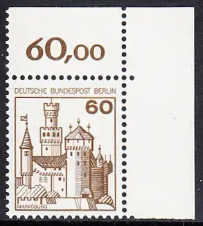 BERLIN 1977 Michel-Nummer 537 postfrisch EINZELMARKE ECKRAND oben rechts - Burgen und Schlösser: Marksburg