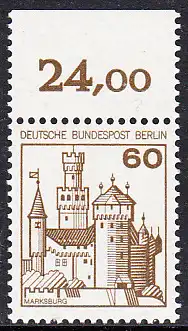 BERLIN 1977 Michel-Nummer 537 postfrisch EINZELMARKE RAND oben (a) - Burgen und Schlösser: Marksburg