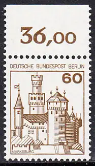 BERLIN 1977 Michel-Nummer 537 postfrisch EINZELMARKE RAND oben (b) - Burgen und Schlösser: Marksburg