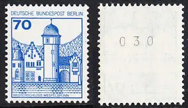 BERLIN 1977 Michel-Nummer 538 postfrisch EINZELMARKE m/ rücks.Rollennummer 030 - Burgen und Schlösser: Wasserschloss Mespelbrunn