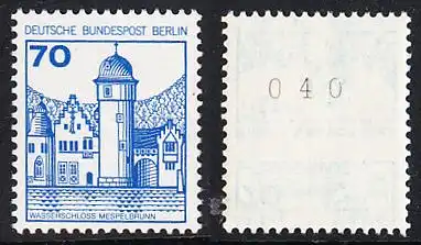 BERLIN 1977 Michel-Nummer 538 postfrisch EINZELMARKE m/ rücks.Rollennummer 040 - Burgen und Schlösser: Wasserschloss Mespelbrunn