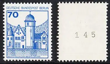 BERLIN 1977 Michel-Nummer 538 postfrisch EINZELMARKE m/ rücks.Rollennummer 145 - Burgen und Schlösser: Wasserschloss Mespelbrunn