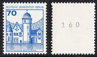 BERLIN 1977 Michel-Nummer 538 postfrisch EINZELMARKE m/ rücks.Rollennummer 160 - Burgen und Schlösser: Wasserschloss Mespelbrunn