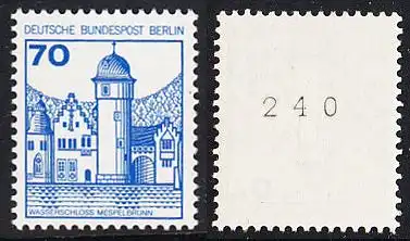 BERLIN 1977 Michel-Nummer 538 postfrisch EINZELMARKE m/ rücks.Rollennummer 240 - Burgen und Schlösser: Wasserschloss Mespelbrunn
