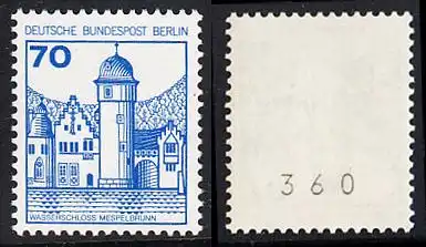 BERLIN 1977 Michel-Nummer 538 postfrisch EINZELMARKE m/ rücks.Rollennummer 360 - Burgen und Schlösser: Wasserschloss Mespelbrunn