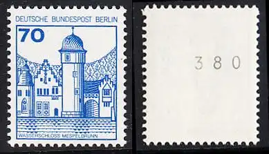 BERLIN 1977 Michel-Nummer 538 postfrisch EINZELMARKE m/ rücks.Rollennummer 380 - Burgen und Schlösser: Wasserschloss Mespelbrunn