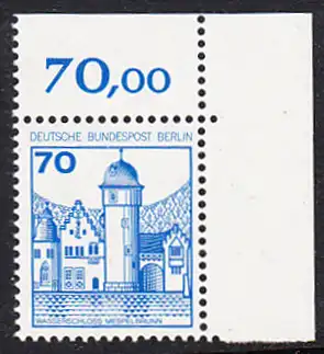 BERLIN 1977 Michel-Nummer 538 postfrisch EINZELMARKE ECKRAND oben rechts - Burgen und Schlösser: Wasserschloss Mespelbrunn