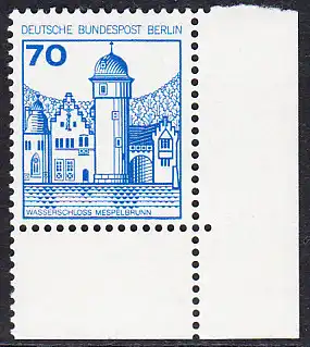 BERLIN 1977 Michel-Nummer 538 postfrisch EINZELMARKE ECKRAND unten rechts - Burgen und Schlösser: Wasserschloss Mespelbrunn