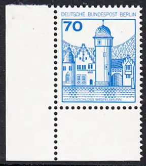 BERLIN 1977 Michel-Nummer 538 postfrisch EINZELMARKE ECKRAND unten links - Burgen und Schlösser: Wasserschloss Mespelbrunn