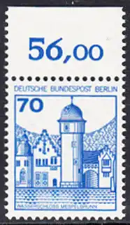 BERLIN 1977 Michel-Nummer 538 postfrisch EINZELMARKE RAND oben (b) - Burgen und Schlösser: Wasserschloss Mespelbrunn