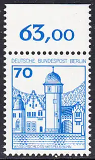 BERLIN 1977 Michel-Nummer 538 postfrisch EINZELMARKE RAND oben (c) - Burgen und Schlösser: Wasserschloss Mespelbrunn