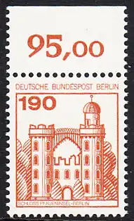 BERLIN 1977 Michel-Nummer 539 postfrisch EINZELMARKE RAND oben (c) - Burgen und Schlösser: Schloss Pfaueninsel, Berlin