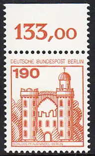 BERLIN 1977 Michel-Nummer 539 postfrisch EINZELMARKE RAND oben (d) - Burgen und Schlösser: Schloss Pfaueninsel, Berlin