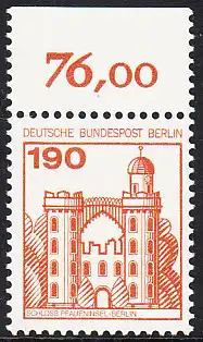 BERLIN 1977 Michel-Nummer 539 postfrisch EINZELMARKE RAND oben (b) - Burgen und Schlösser: Schloss Pfaueninsel, Berlin