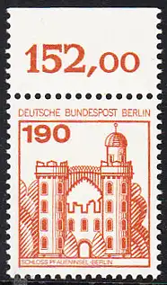 BERLIN 1977 Michel-Nummer 539 postfrisch EINZELMARKE RAND oben (e) - Burgen und Schlösser: Schloss Pfaueninsel, Berlin