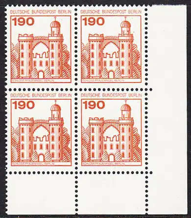 BERLIN 1977 Michel-Nummer 539 postfrisch BLOCK ECKRAND unten rechts - Burgen und Schlösser: Schloss Pfaueninsel, Berlin