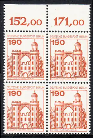 BERLIN 1977 Michel-Nummer 539 postfrisch BLOCK RÄNDER oben (b) - Burgen und Schlösser: Schloss Pfaueninsel, Berlin