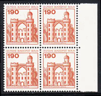 BERLIN 1977 Michel-Nummer 539 postfrisch BLOCK RÄNDER rechts - Burgen und Schlösser: Schloss Pfaueninsel, Berlin