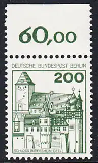 BERLIN 1977 Michel-Nummer 540 postfrisch EINZELMARKE RAND oben (a) - Burgen und Schlösser: Schloss Bürresheim