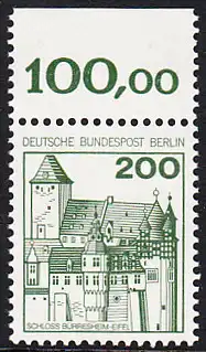 BERLIN 1977 Michel-Nummer 540 postfrisch EINZELMARKE RAND oben (b) - Burgen und Schlösser: Schloss Bürresheim