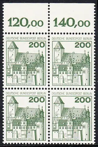 BERLIN 1977 Michel-Nummer 540 postfrisch BLOCK RÄNDER oben - Burgen und Schlösser: Schloss Bürresheim