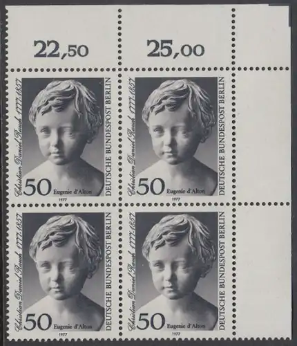 BERLIN 1977 Michel-Nummer 541 postfrisch BLOCK ECKRAND oben rechts - Christian Daniel Rauch, Bildhauer